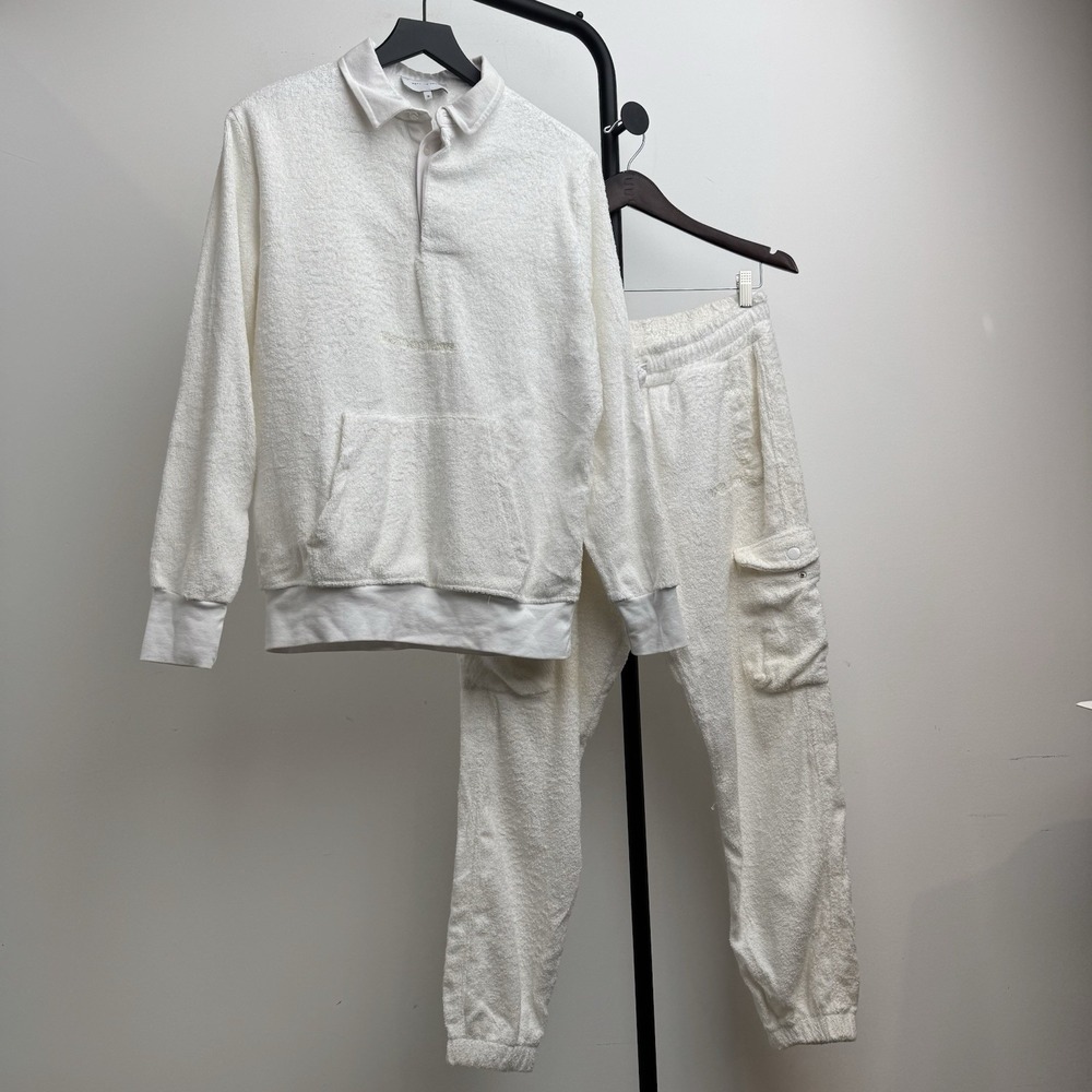Morning News Towel Sweater Jogger Set Womens M White Terry Cotton Comfy Cozy Y2K
